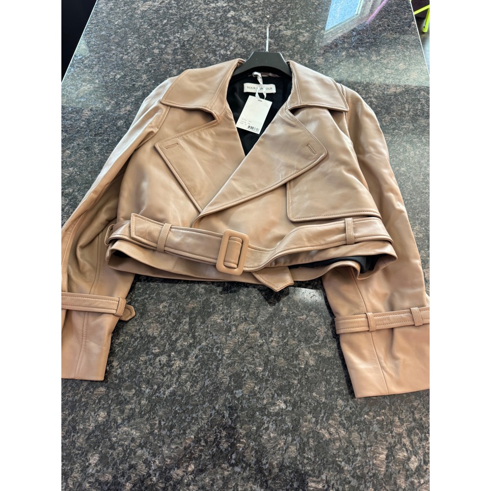 Nour‎ Hammour Hatti cropped belted Tan Cropped Lambskin Leather Jacket Sz 42 NWT